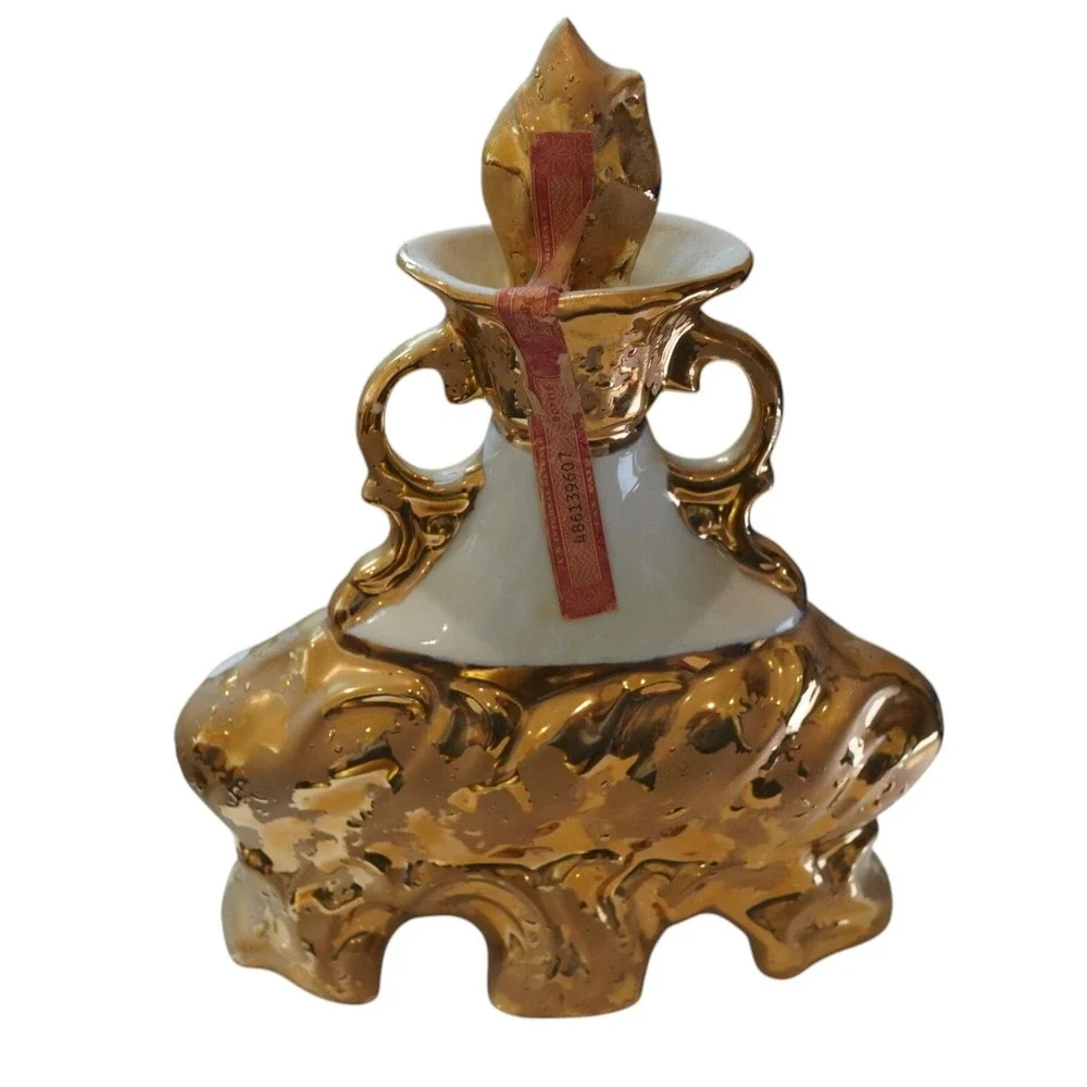 Vintage Jim Beam Liqueur Decanter Gold Gilt Ceramic Bottle Floral Hand Painted